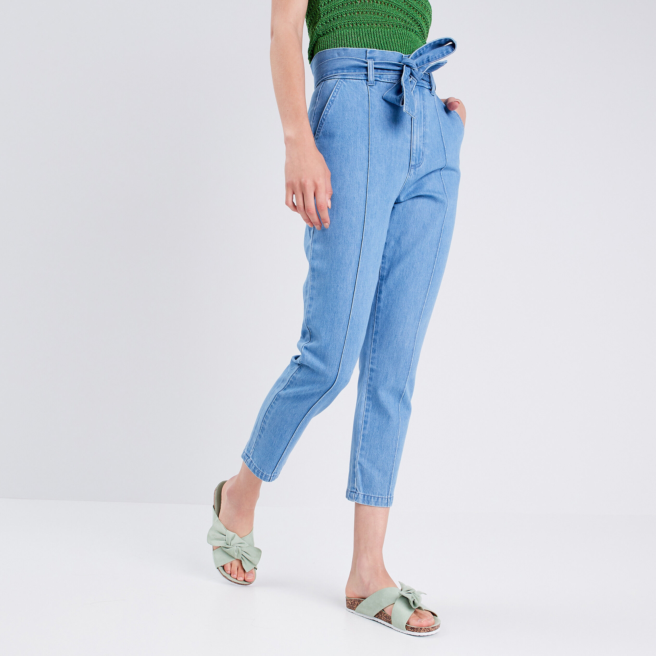 Jeans paperbag taille haute ceinturée denim stone femme | Cache Cache