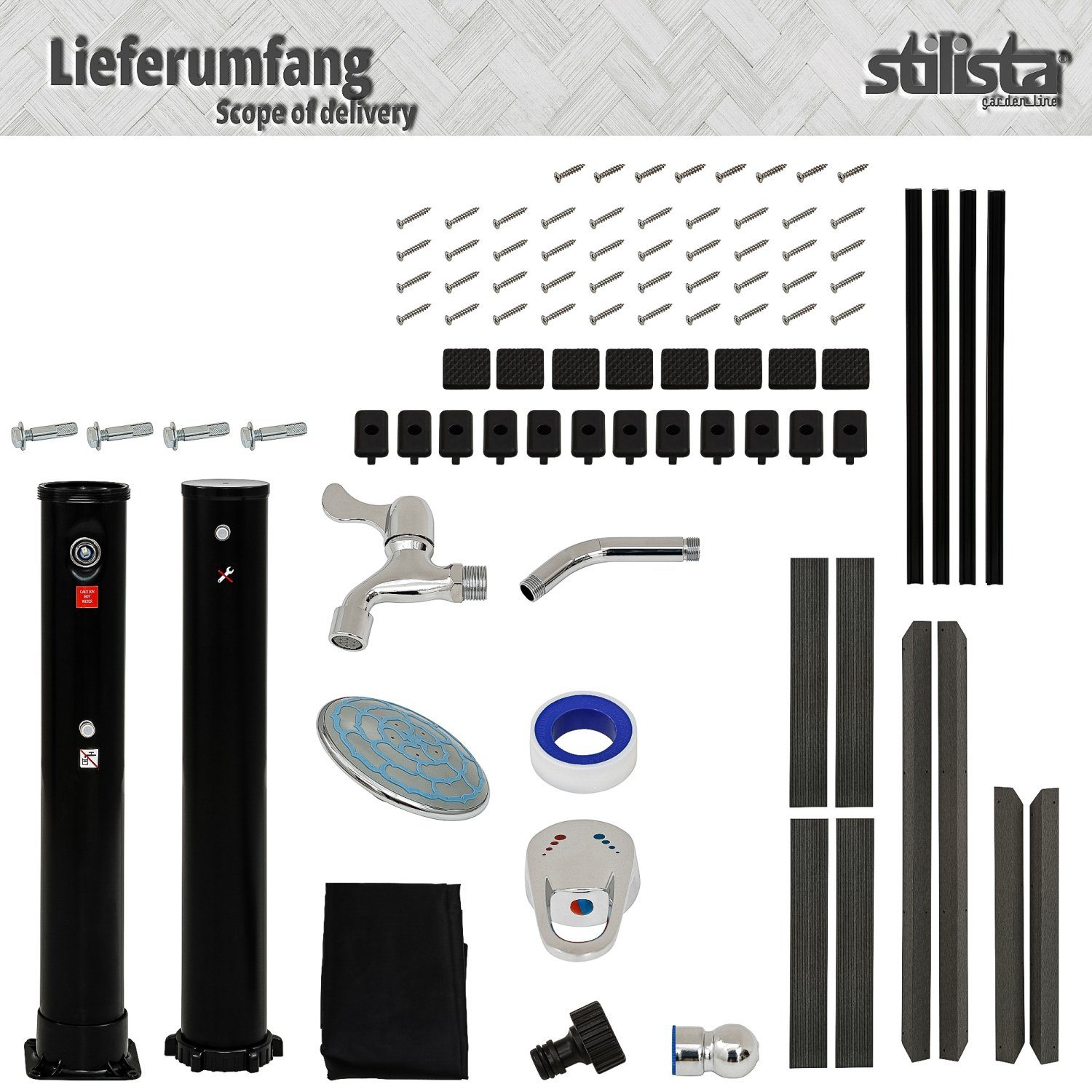 STILISTA Solardusche Gartendusche Pooldusche Außendusche Campingdusche (Set, 2 St., inkl. Bodenelement), 35 Liter, Regenduschkopf, Wasserhahn, Modell u. Farbwahl