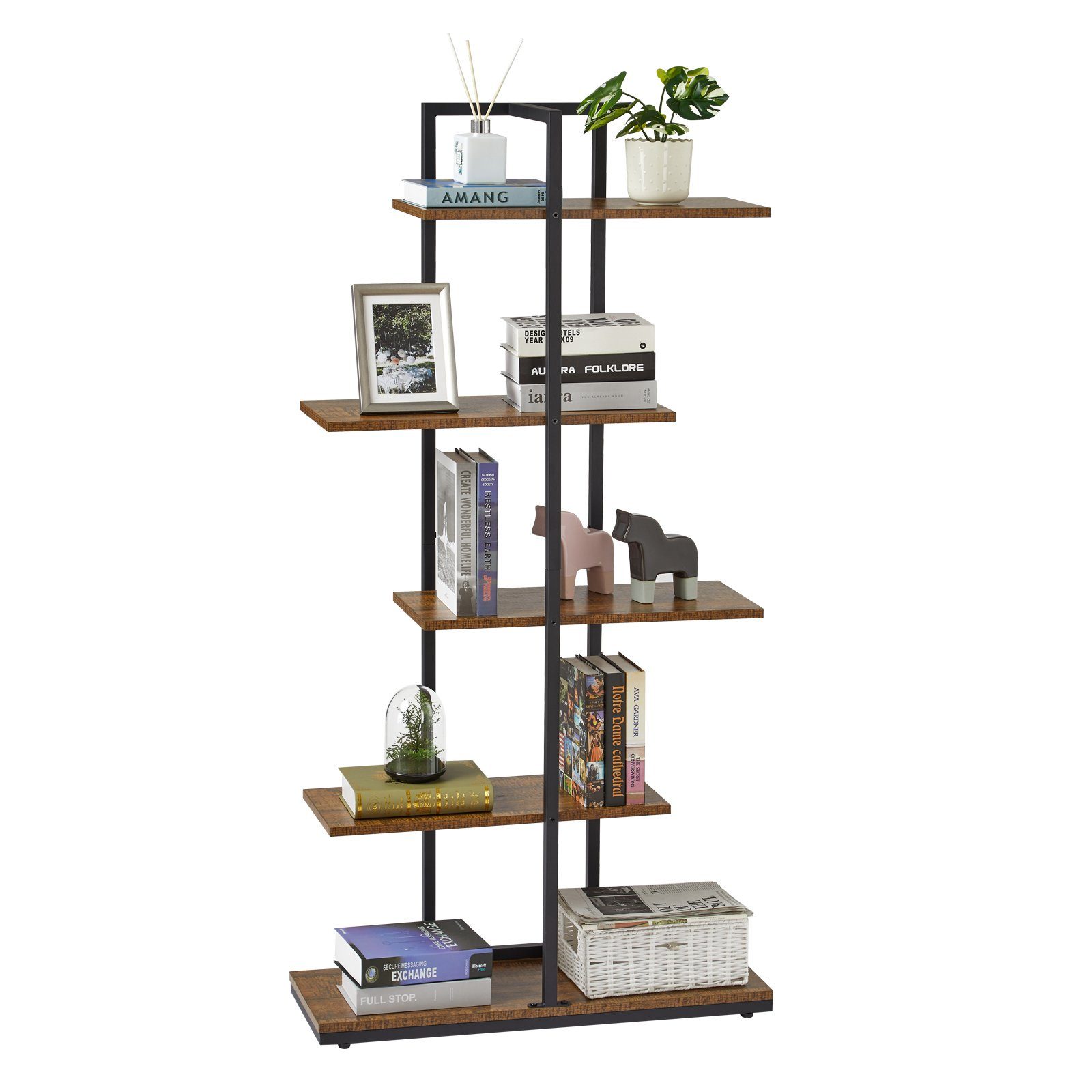 Mondeer Bücherregal Standregal, 5 lagiges asymmetrisches Split-Level Lagerregal, 74x28x144.5cm, Braun