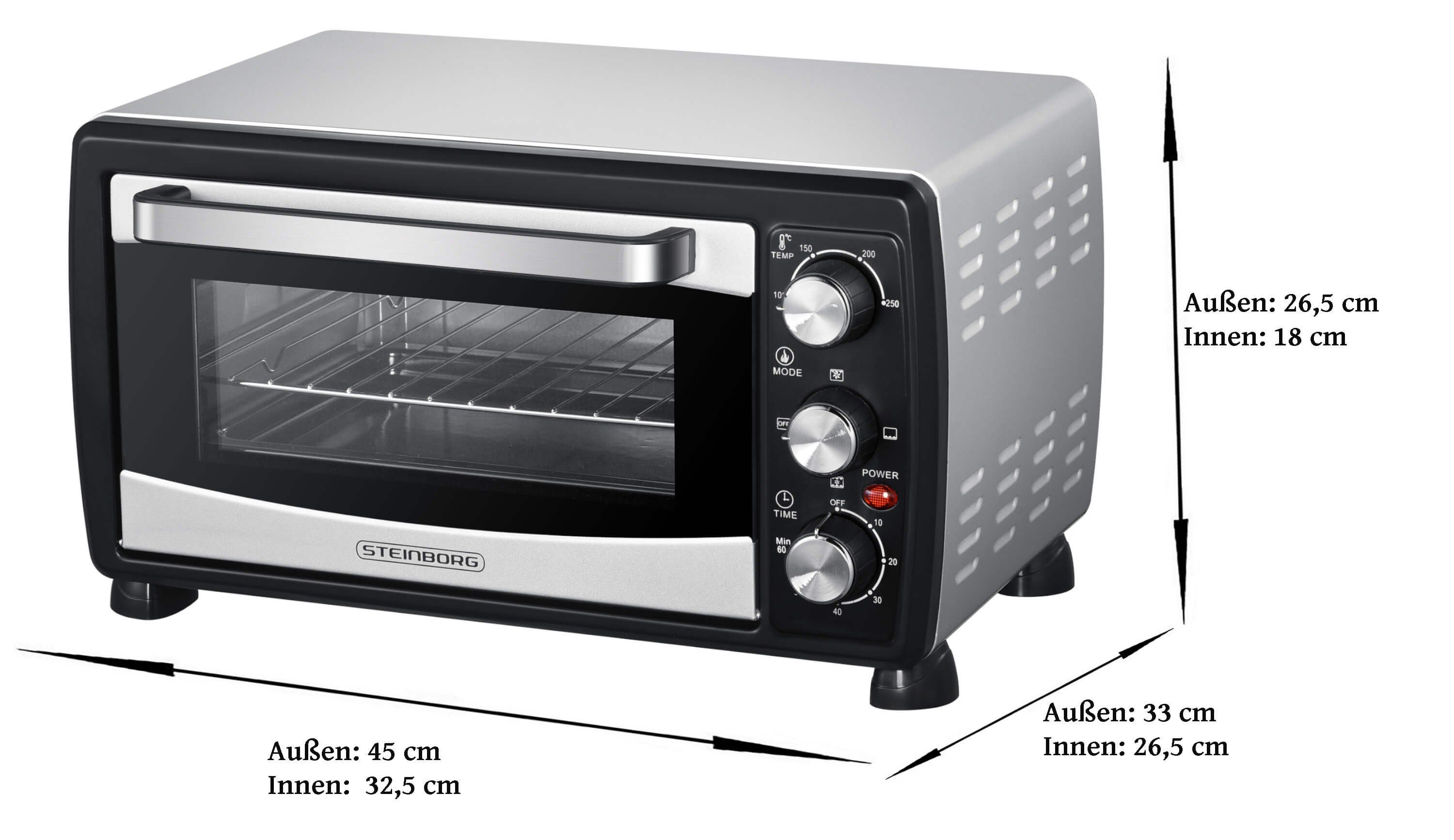 STEINBORG Minibackofen SB-3007, 20 Liter, Umluft, mit Krümelblech, 1380 Watt