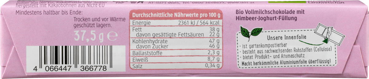 Schokoriegel, Vollmilch Himbeer Joghurt, 37,5 g