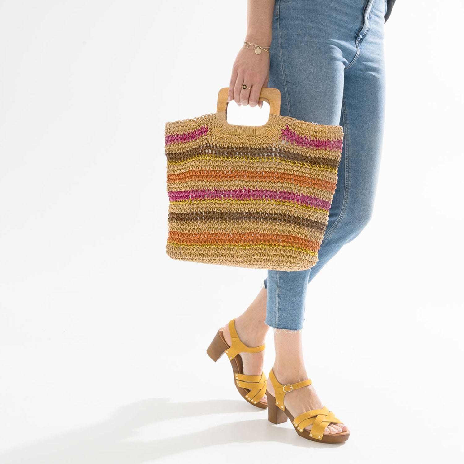 Sac cabas TEXTO beige rayé rose, marron, doré, orange