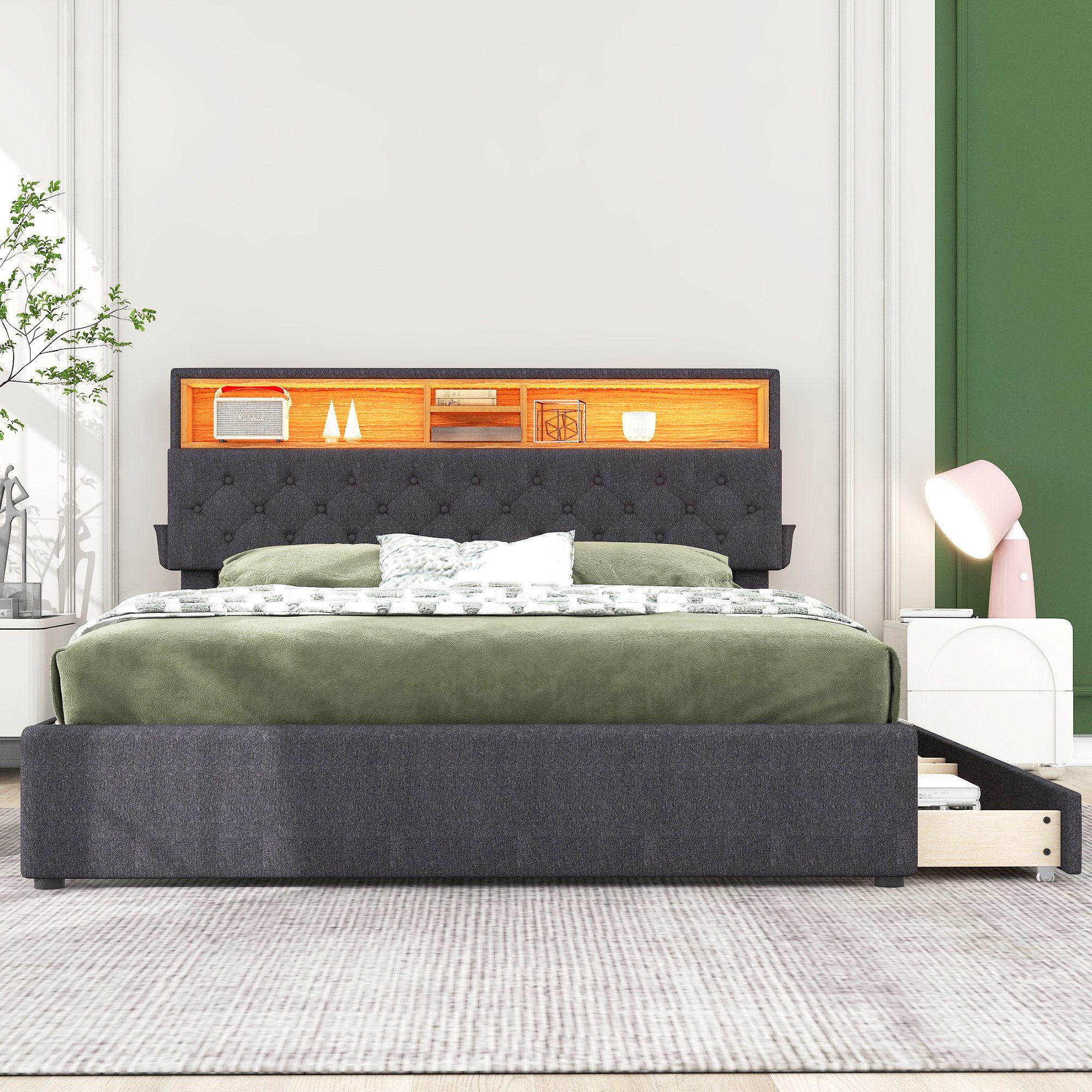 REDOM Polsterbett LED Doppelbett USB Steckdose Schubladen 140x200cm