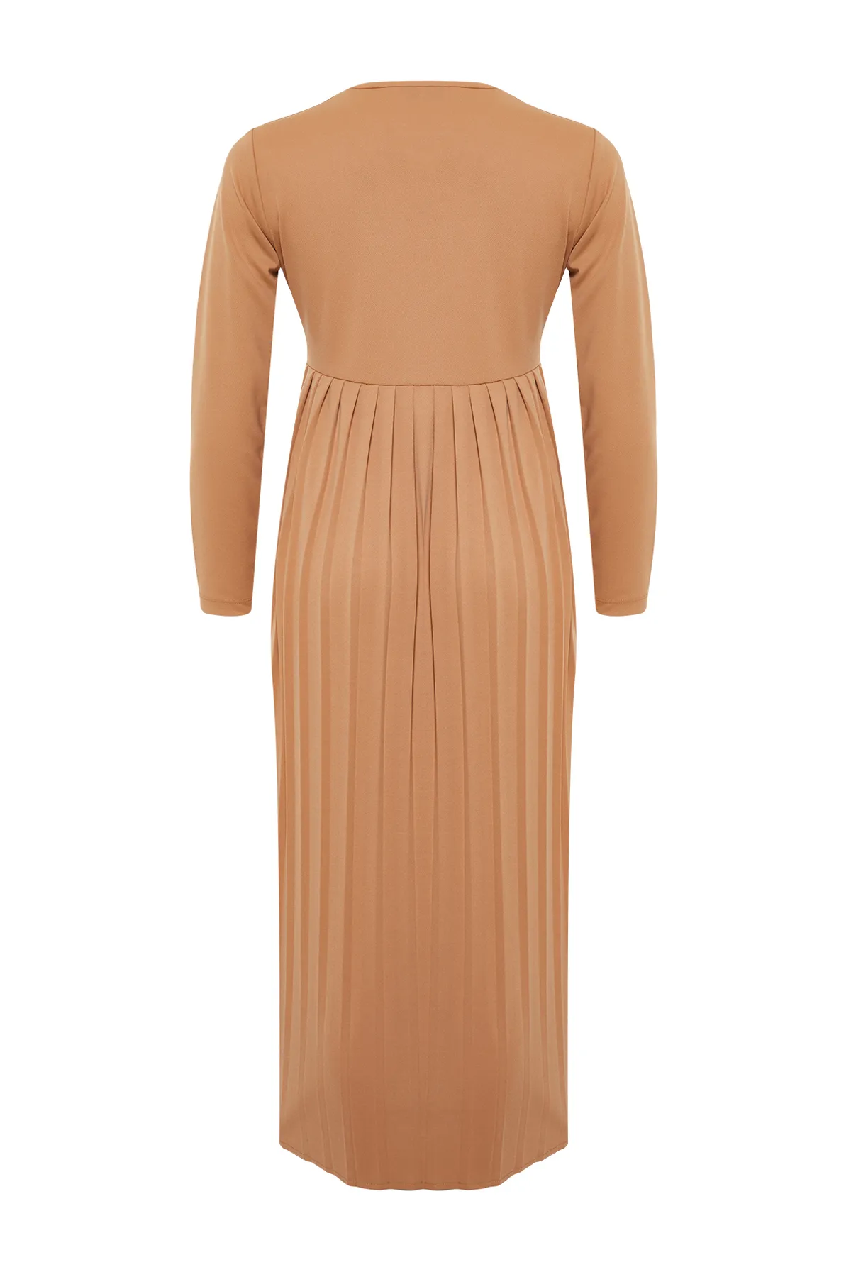 Trendyol Modest  Kamelfarbenes, plissiertes Scuba-Strickkleid mit Rock TCTAW24EL00000