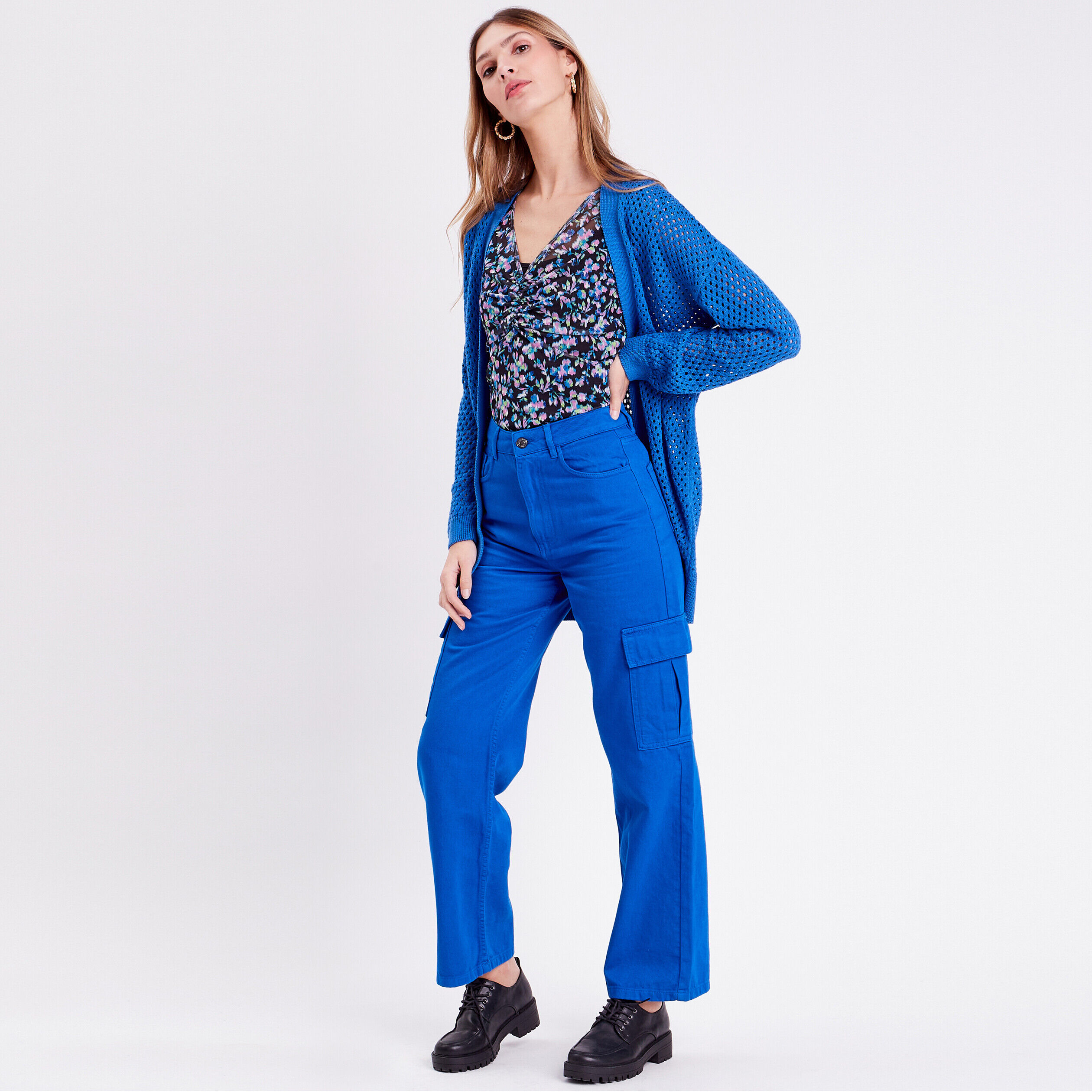 Gilet long ajouré bleu electrique femme | Cache Cache