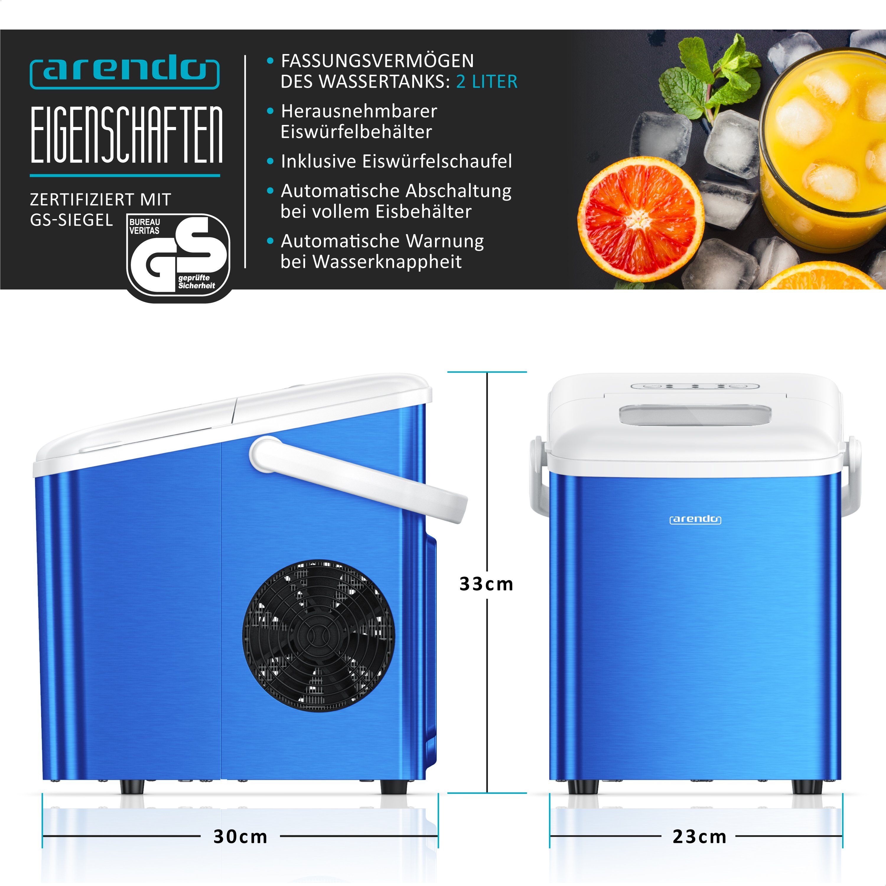 Arendo Eiswürfelmaschine, 120W mit 1,5L Behälter Eiswürfelbereiter, 9 Eiswürfel in 9 Minuten