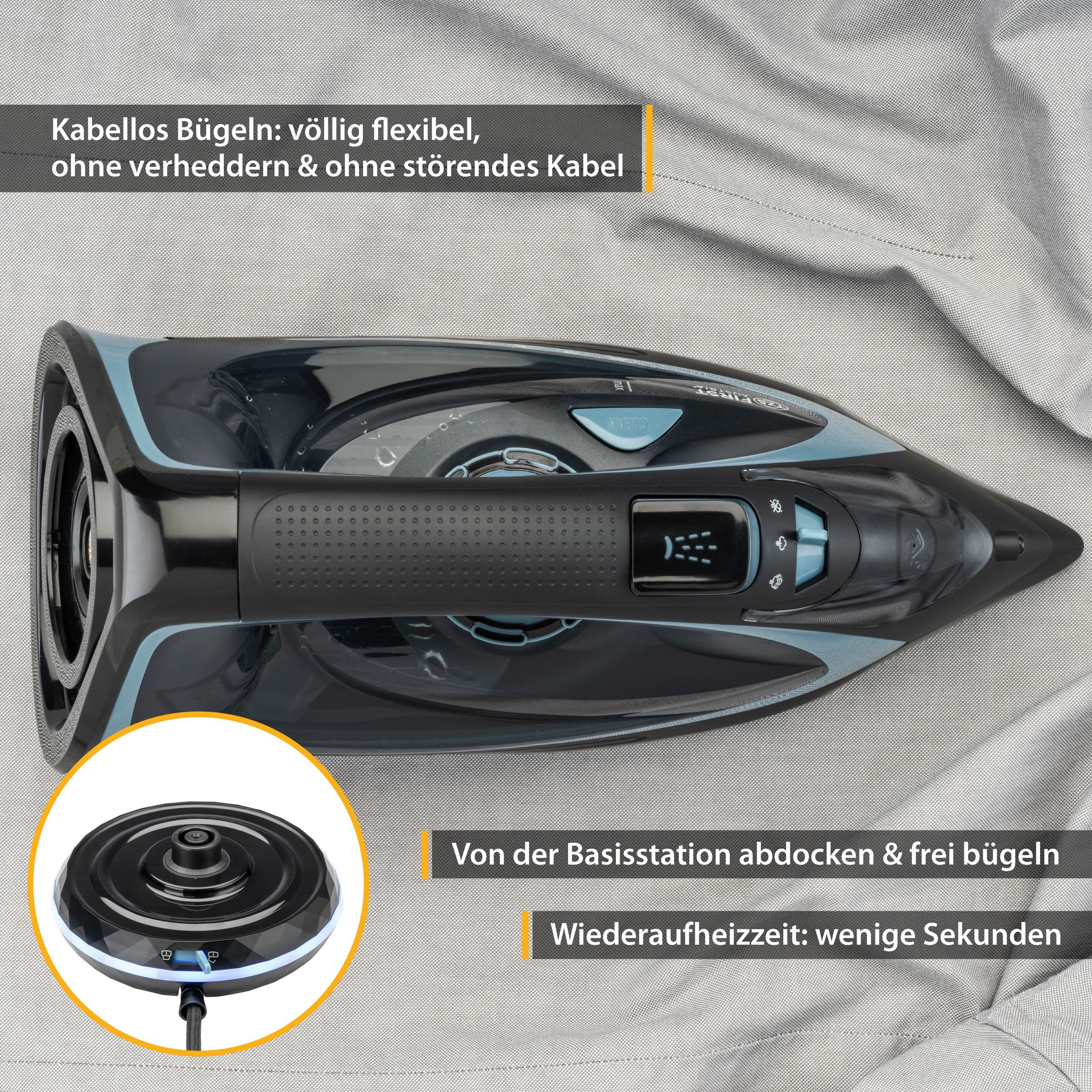 TZS FIRST AUSTRIA Dampfbügeleisen Bügeleisen kabellos, mit Basisstation, verstellbare Temperatur, 2400 W, Keramik, Vertikaldampf, Tropfstop, Antikalk, 450 ml Wassertank