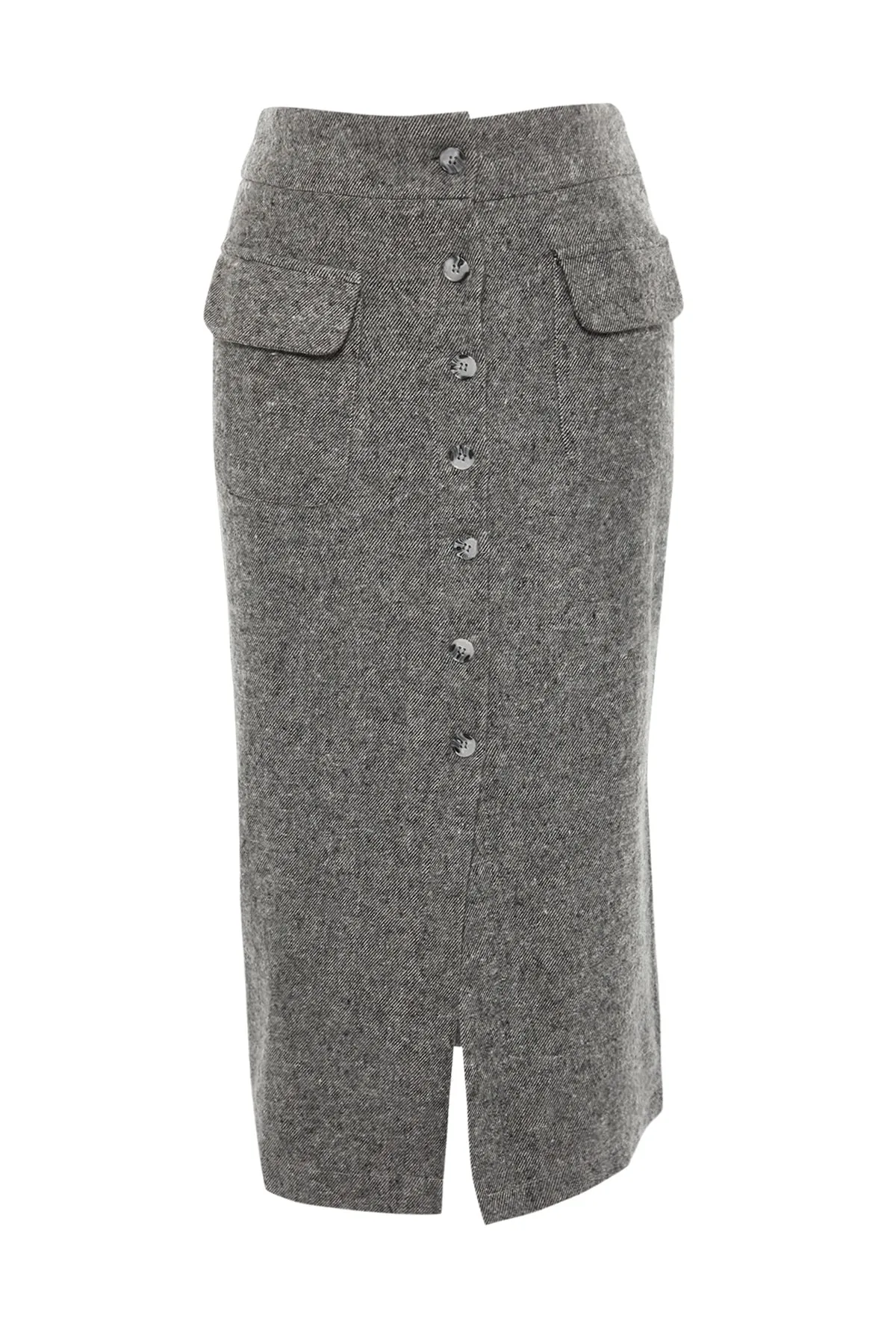 Trendyol Collection  Grauer Midi-Webrock aus Stoff mit Knopfleiste und Taschendetails TWOAW23ET00323