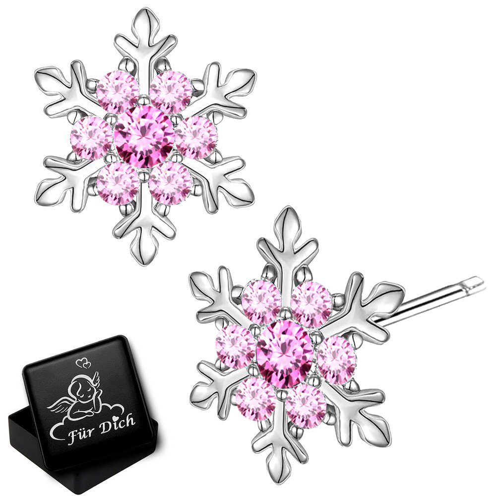 Limana Paar Ohrstecker rosa Schneeflocke Stern Silber 925 Geschenk Idee Nikolaus Weihnachten (inkl. Geschenkdose mit Engel), 9mm Kinderohrringe Mädchenohrringe Damenohrringe mit Zirkonia