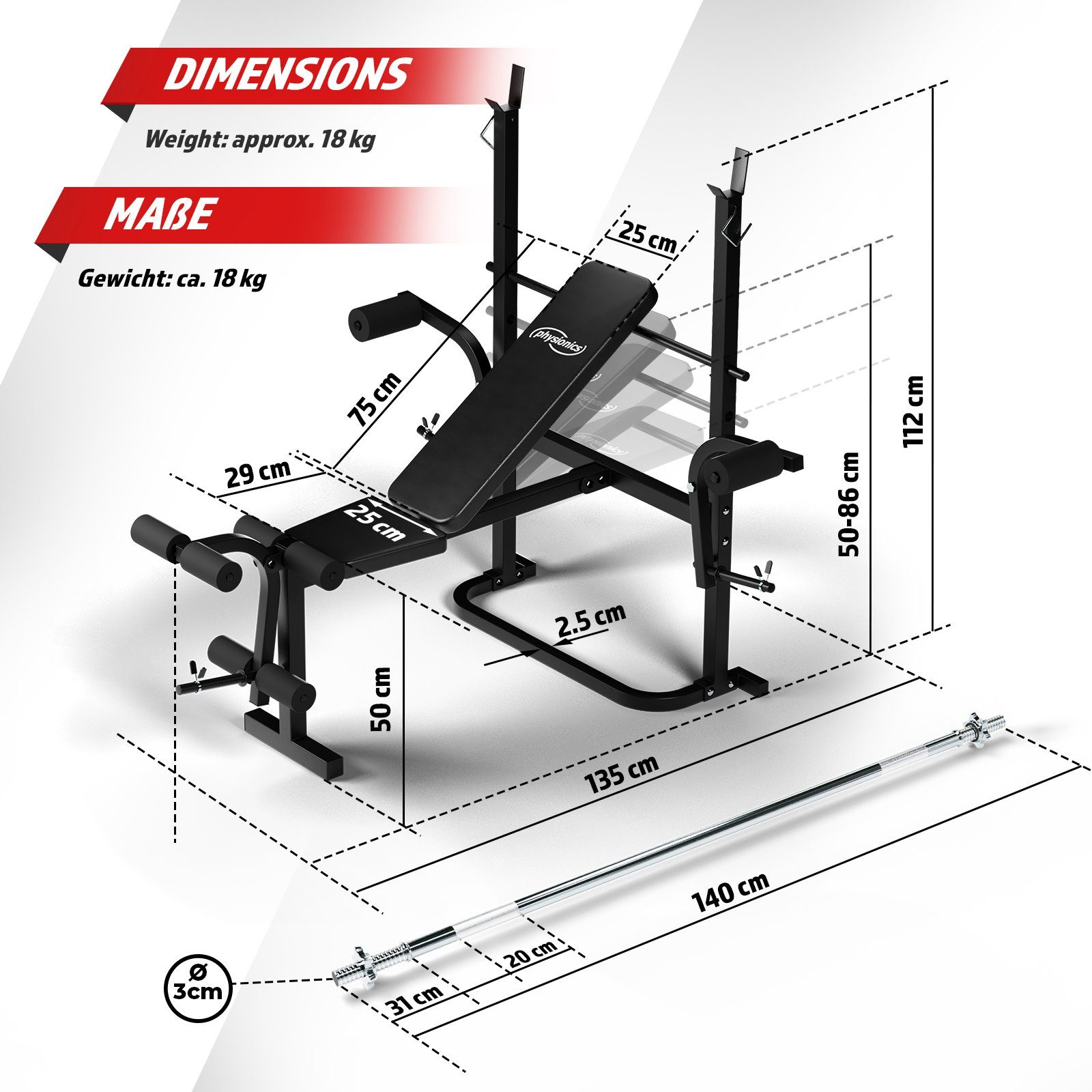 Physionics Kraftstation Hantelbank mit Langhantel - Ablage, 40/70/100kg Gewichten, 140/165cm