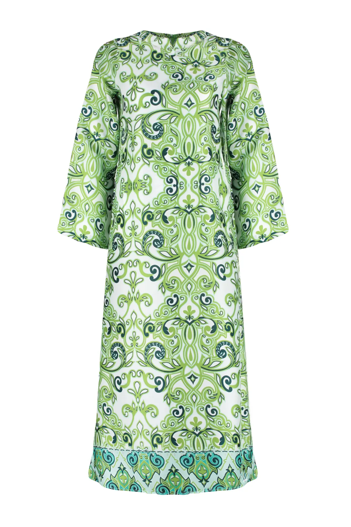 Trendyol Modest  Grünes Abendkleid mit Ethnomuster und Satinoberfläche TCTSS23DB00028