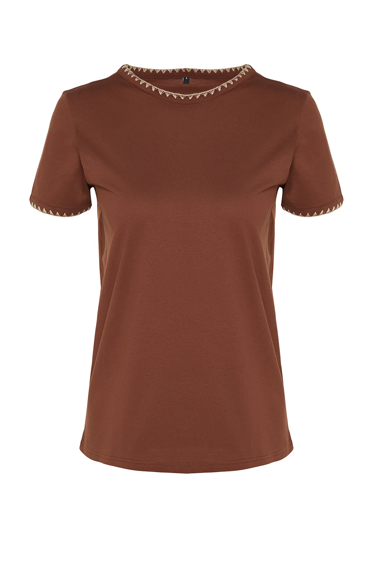 Trendyol Collection  Braunes Basic-Strick-T-Shirt mit Rundhalsausschnitt, 100 % Baumwolle, Kontrastnähte, detailliertes TWOSS19AD0085