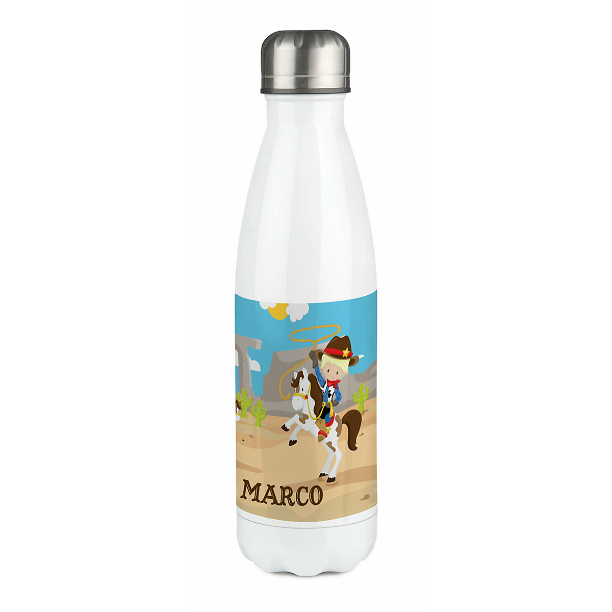Edelstahl Kinder Thermoflasche / Trinkflasche bunt Cowboy Spülmaschinenfest, Auslaufsicher, Bruchfest, Doppelwandig, Für Heißgetränke geeignet, Mit Deckel, Isoliert