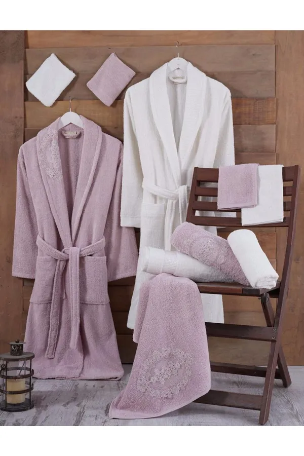 Güvenal  Nida 12-teiliges Baumwoll-Bademantel-Set mit Schnürung für die ganze Familie | Bademantel | Bademantel-Set | Mitgift festgelegt