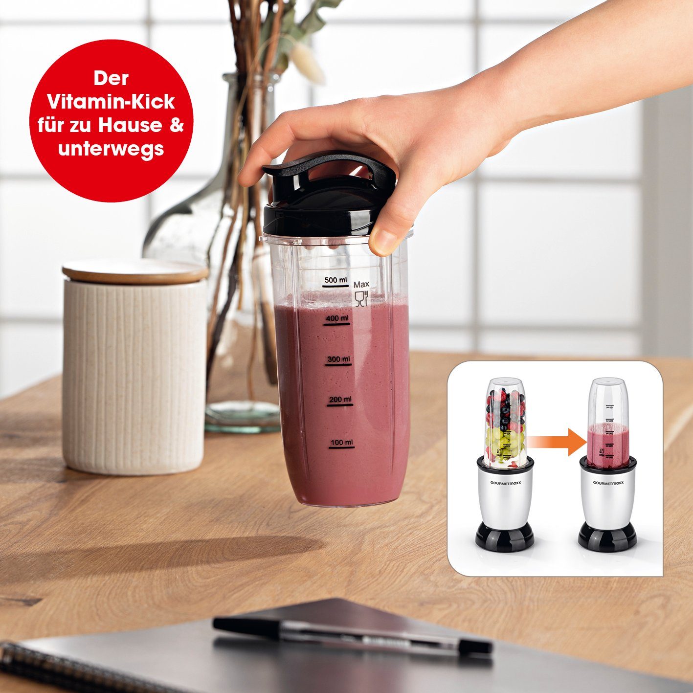 GOURMETmaxx Smoothie-Maker Nutrition Mixer 4-tlg., 500,00 W, inkl. To Go Deckel, Mixbecher 700ml