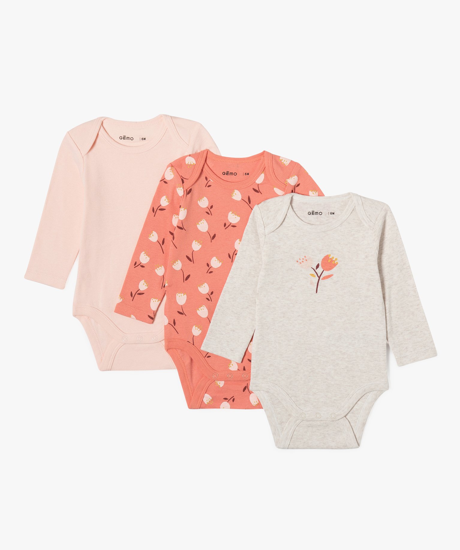 Bodies bébé imprimés à manches longues (lot de 3) rose | GEMO