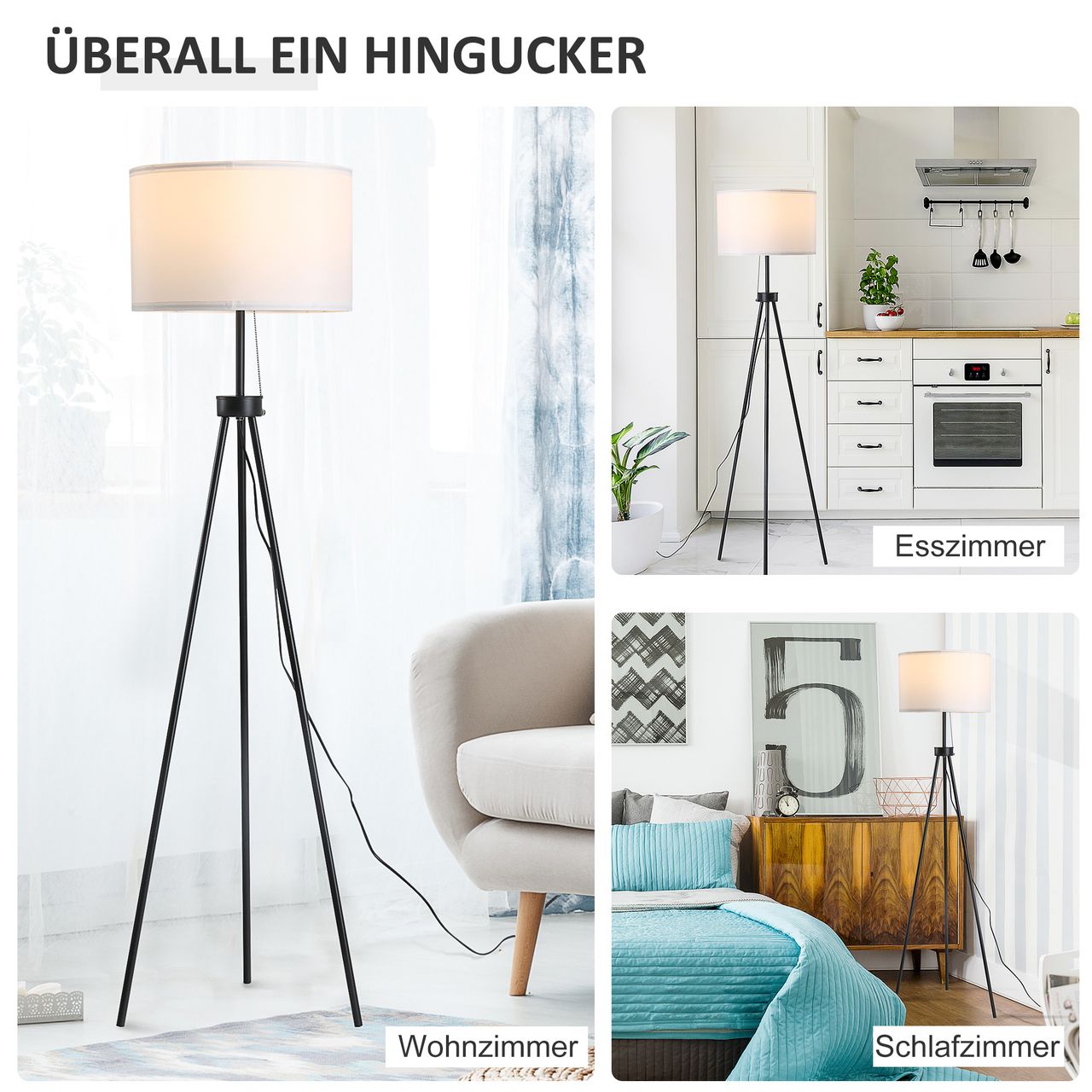 HOMCOM Stehlampe Stehleuchte Standleuchte E27, Stahl Polyester, 37x37x152cm (Schwarz Weiß)