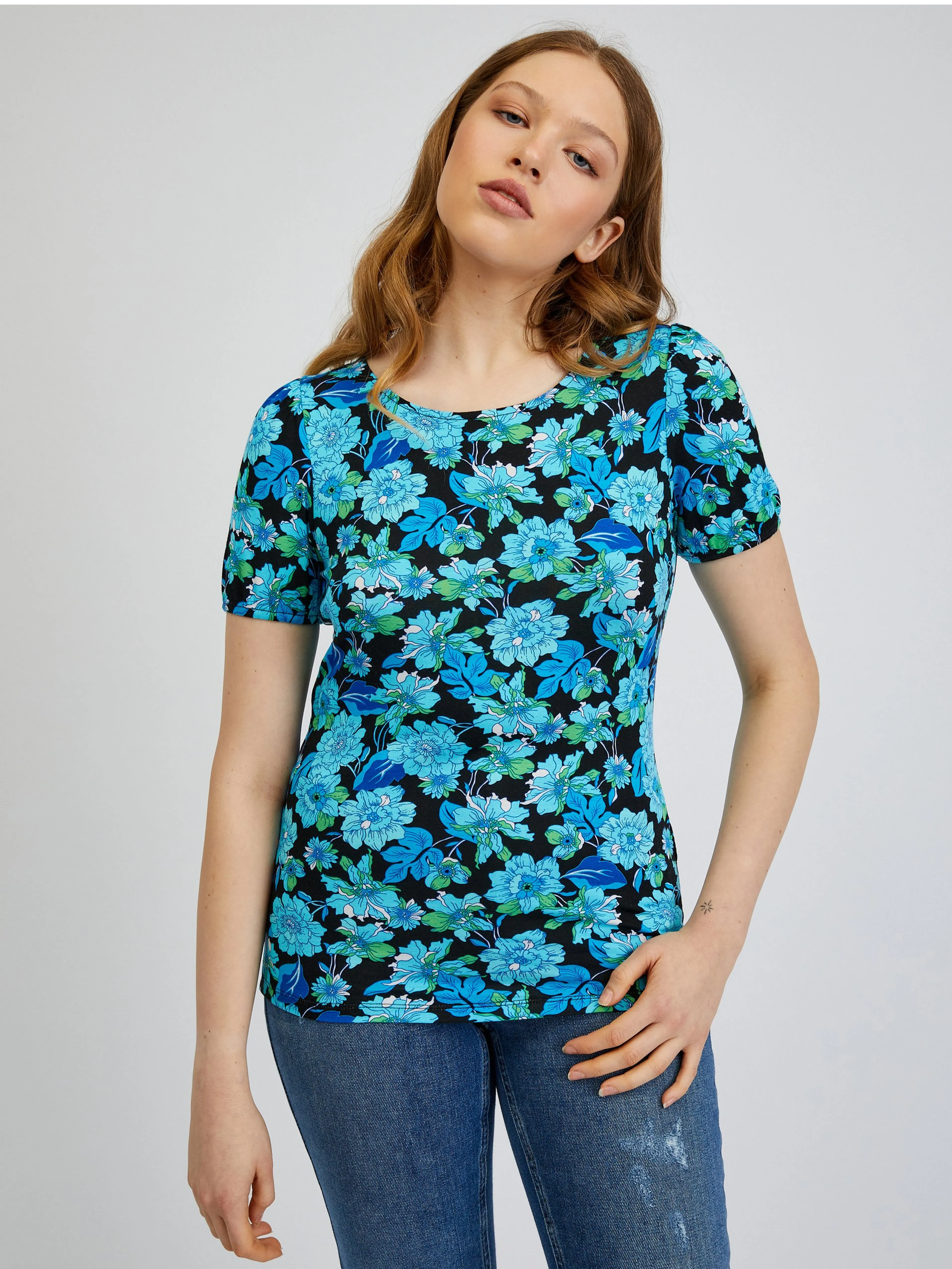 Blau-schwarzes Damen-Blumen-Shirt ORSAY