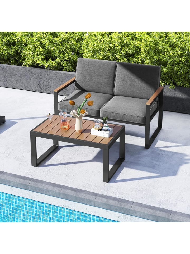 COSTWAY 2 tlg. Balkonmöbel Gartenbank & Tisch in Grau günstig kaufen onesize