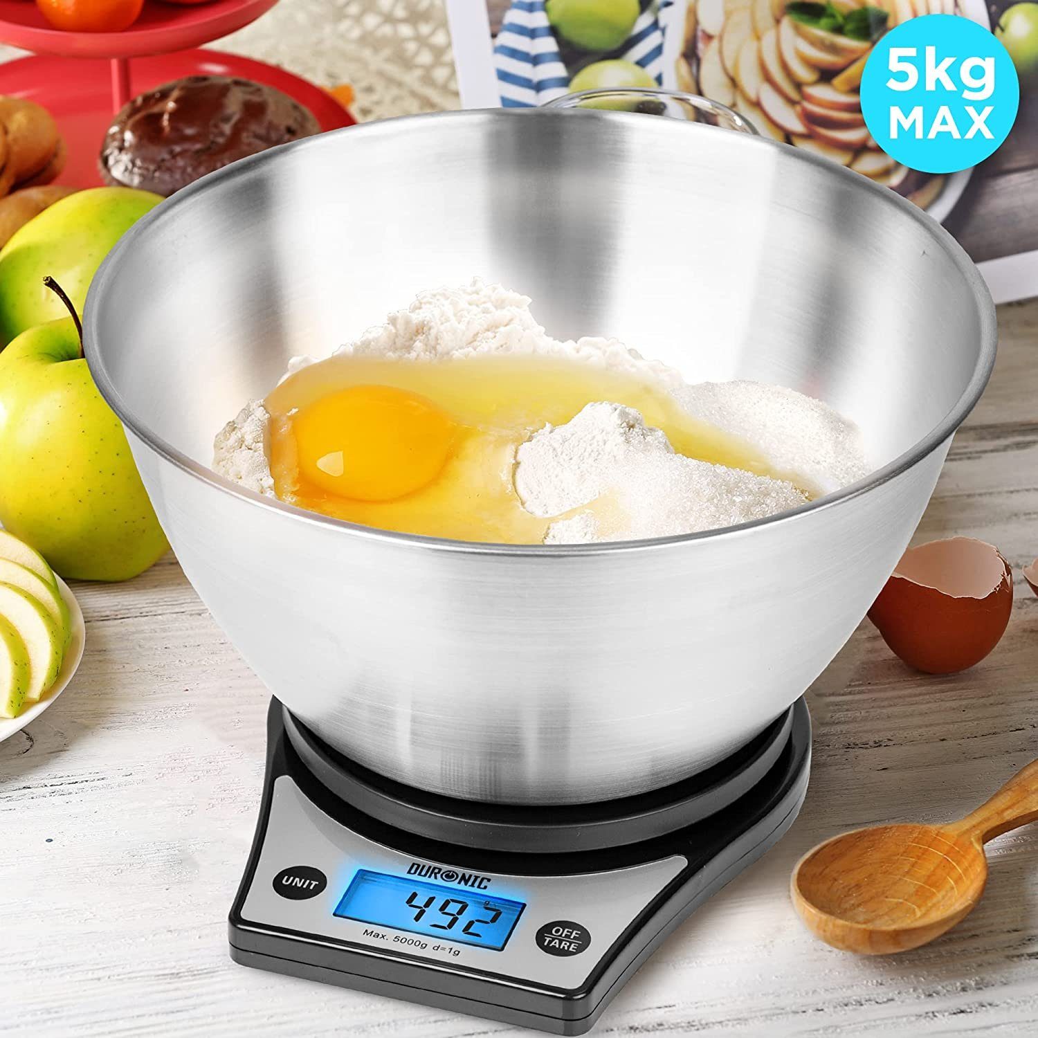Duronic Küchenwaage, KS6000 BK/SS Küchenwaage, 5 kg Digitalwaage rund mit 2,5 L Schüssel