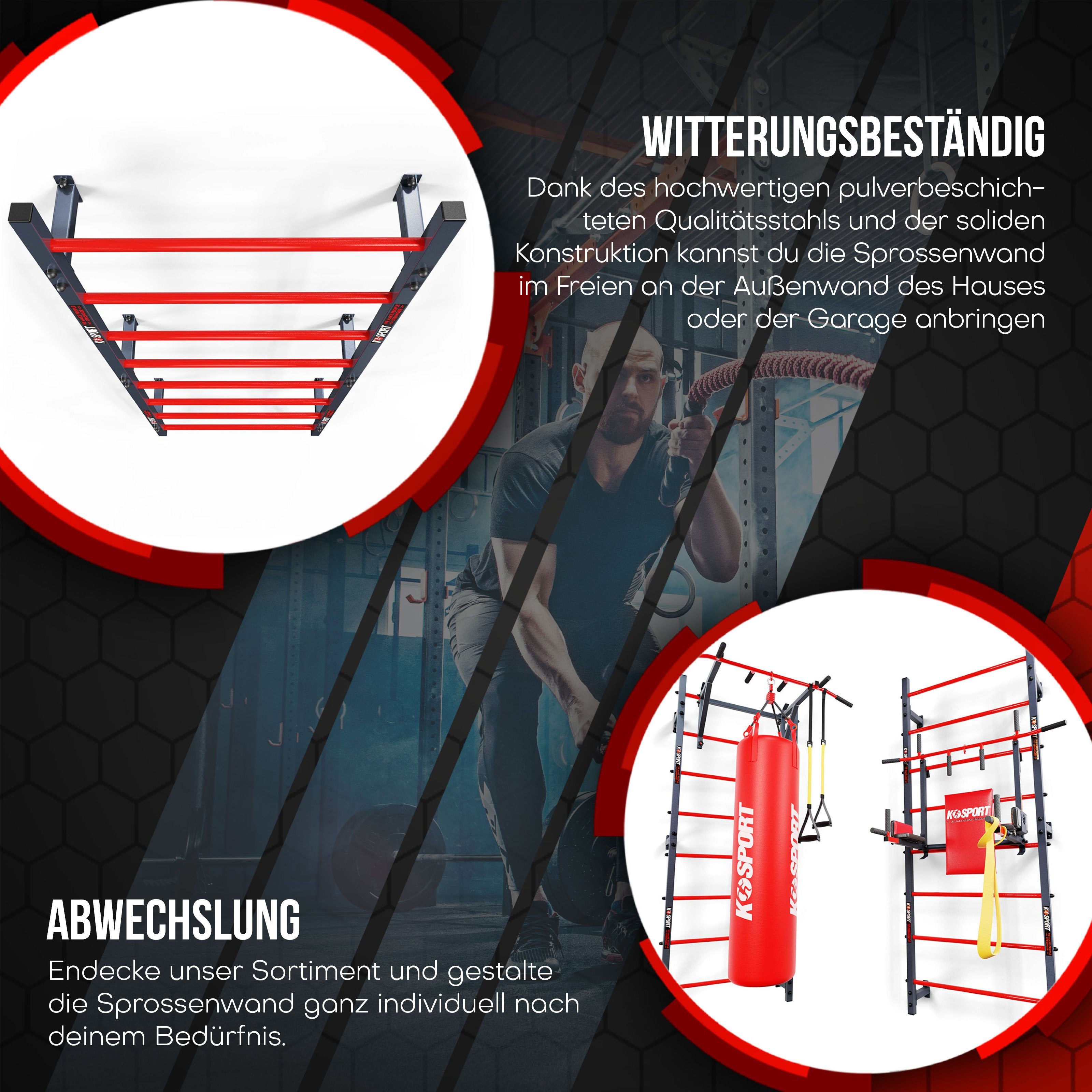 K-SPORT Kraftstation Sprossenwand mit 8 Sprossen, (Kletterwand zur Wandmontage, Hangelleiter zur Deckenmontage), Made in EU!