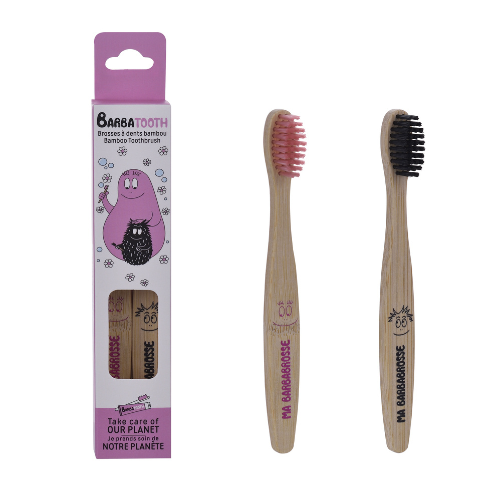 takecare Set de 2 brosses à dents enfant en bambou Barbapapa BROSSE A DENTS