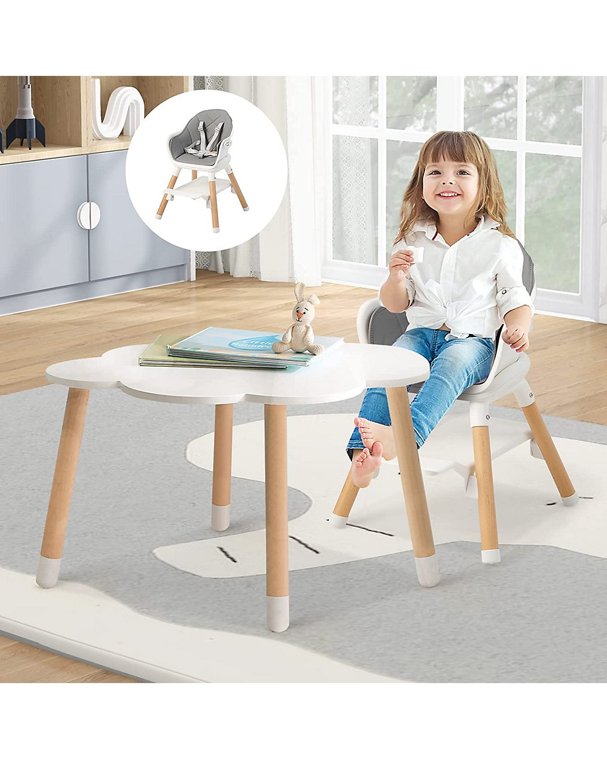 6 in 1 Hochstuhl mit Sitzkissen mit Tablett abnehmbar