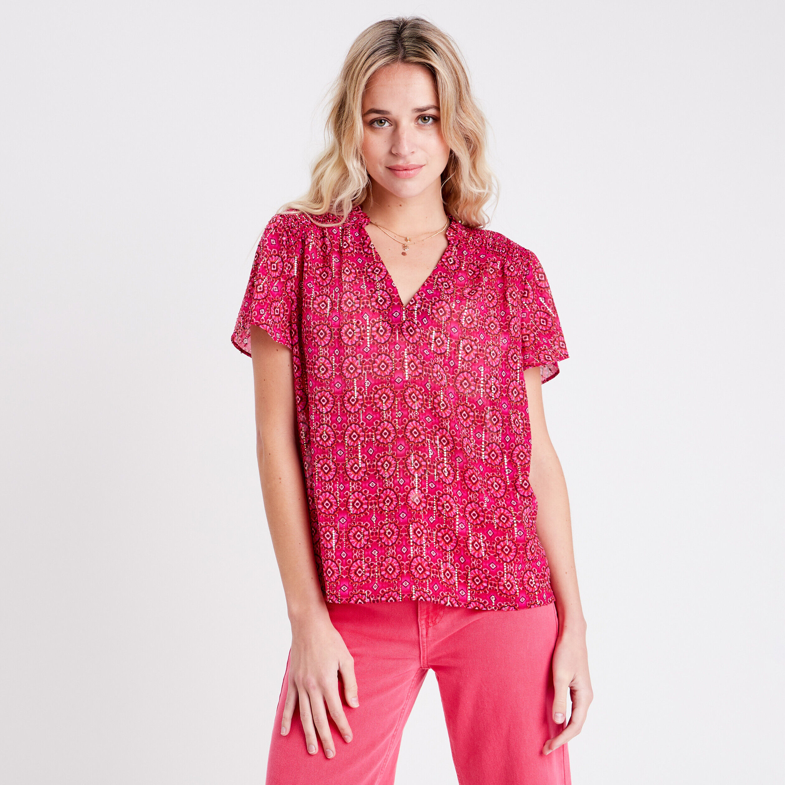 Blouse avec manches courtes rose femme | Cache Cache