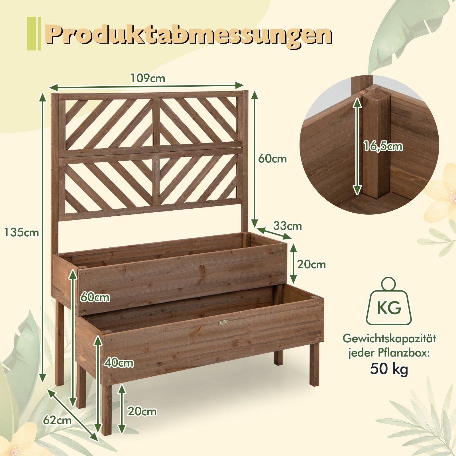 COSTWAY Hochbeet, mit Spalier, 2 Rankkästen und Drainageloch, aus Tannenholz