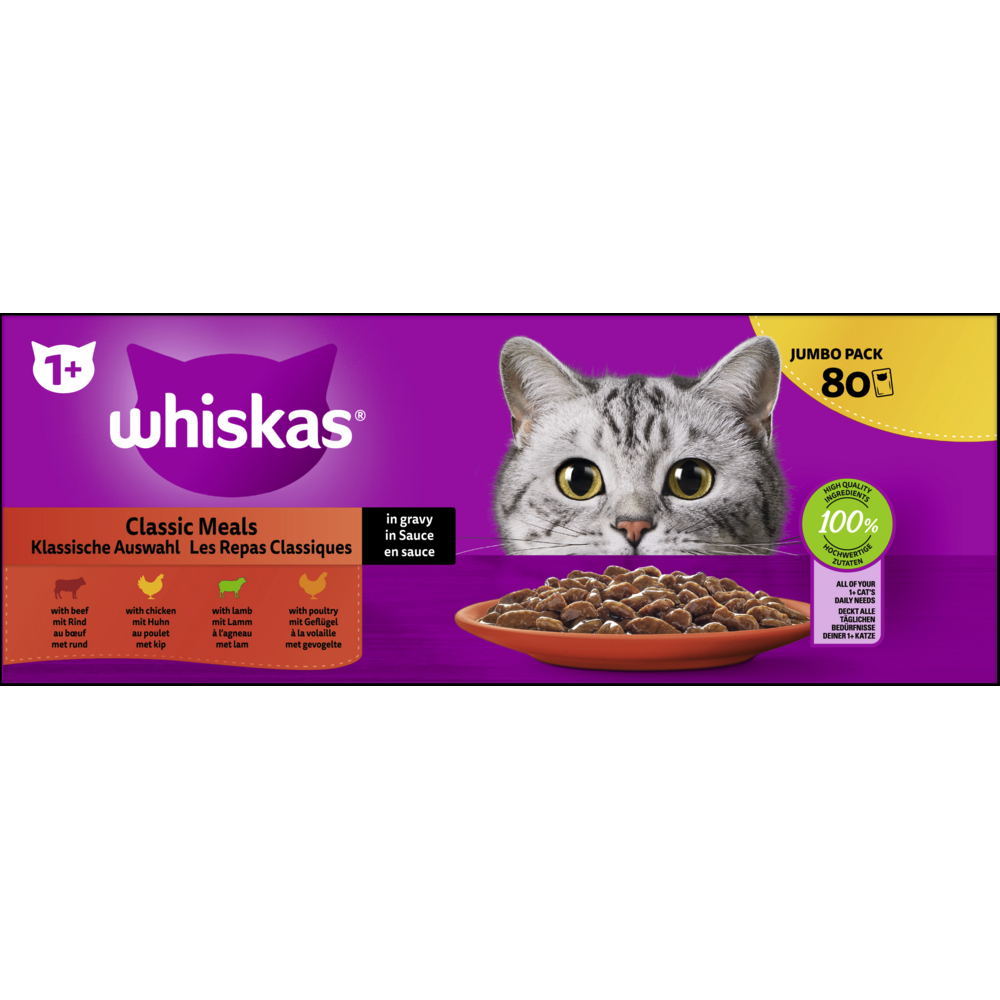 Whiskas Portionsbeutel Multipack Jumbo Pack 1  Klassische Auswahl in Sauce 80 x 85g