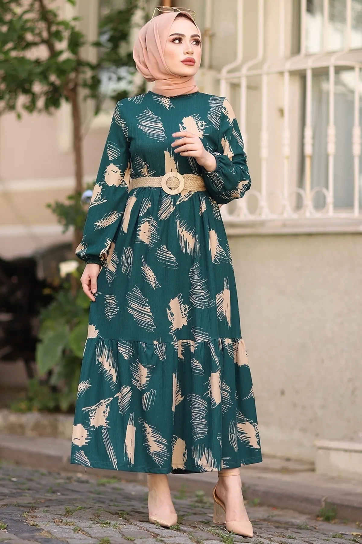 InStyle  Hijab-Kleid mit Pinselmuster und Gürtel – Petrolgrün