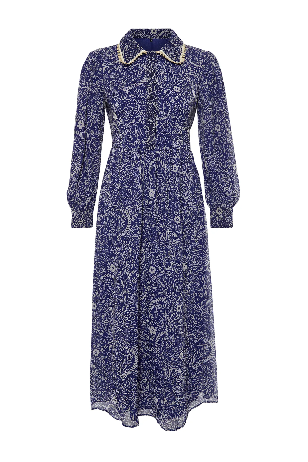 Trendyol Modest  Blaues Kleid aus Chiffon mit Blumenkragen und detailliertem Futter TCTSS24EB00033