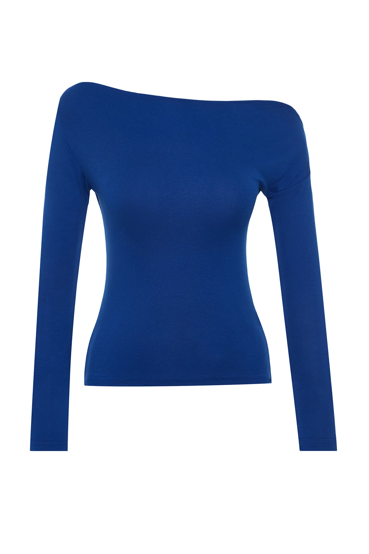 Trendyol Collection  Hellblaue, hochwertige, weiche Strickbluse mit U-Boot-Ausschnitt und taillierter Passform TWOAW24BZ00227