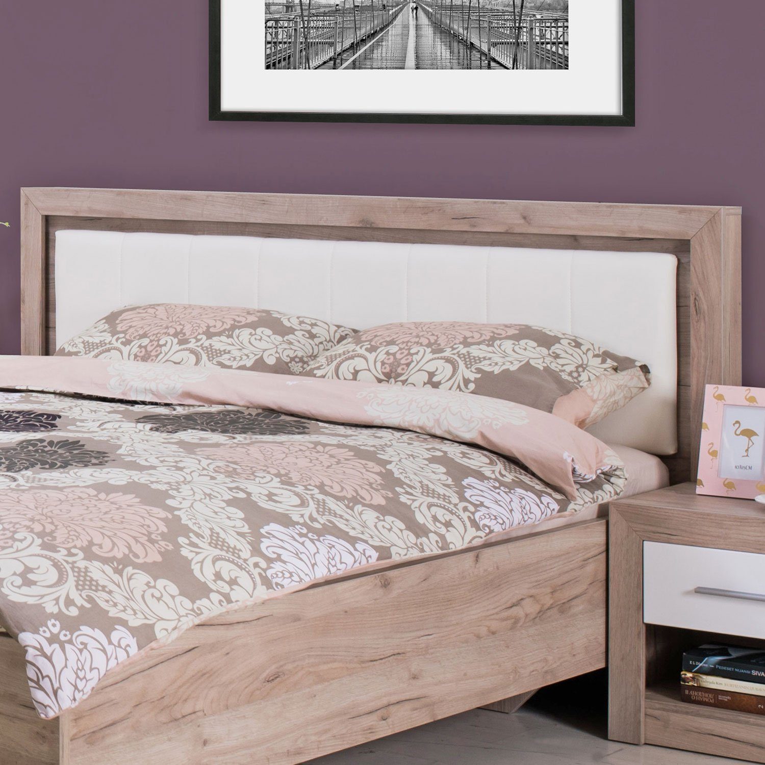 Homestyle4u Holzbett Doppelbett 160x200 cm Lattenrost Kunstleder Weiß