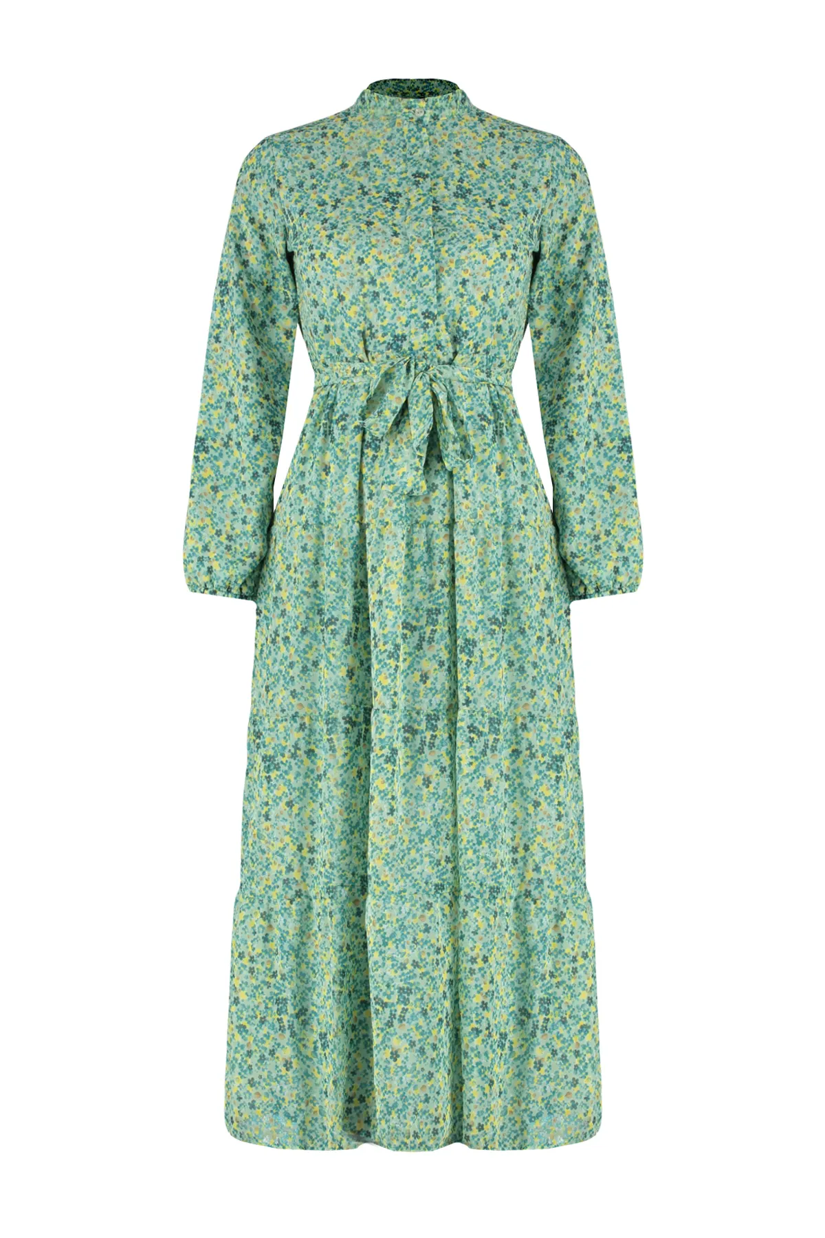 Trendyol Modest  Smaragdgrünes gemustertes, gefüttertes Chiffon-Kleid mit Gürtel, Stehkragen und Futter TCTSS21EL3346