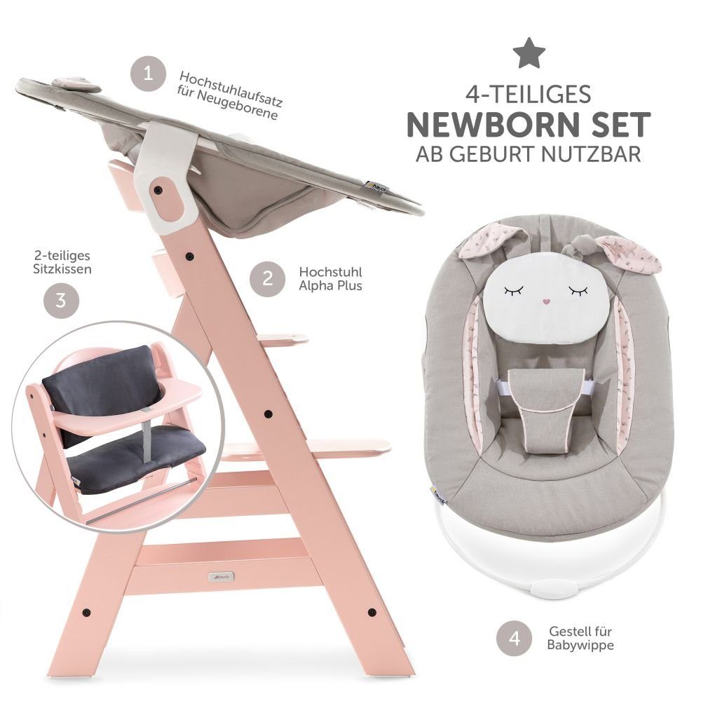 Hauck Hochstuhl Alpha Plus Rose Newborn Set Powder Bunny (Set, 4 St), Holz Babystuhl ab Geburt inkl. Aufsatz für Neugeborene & Sitzauflage