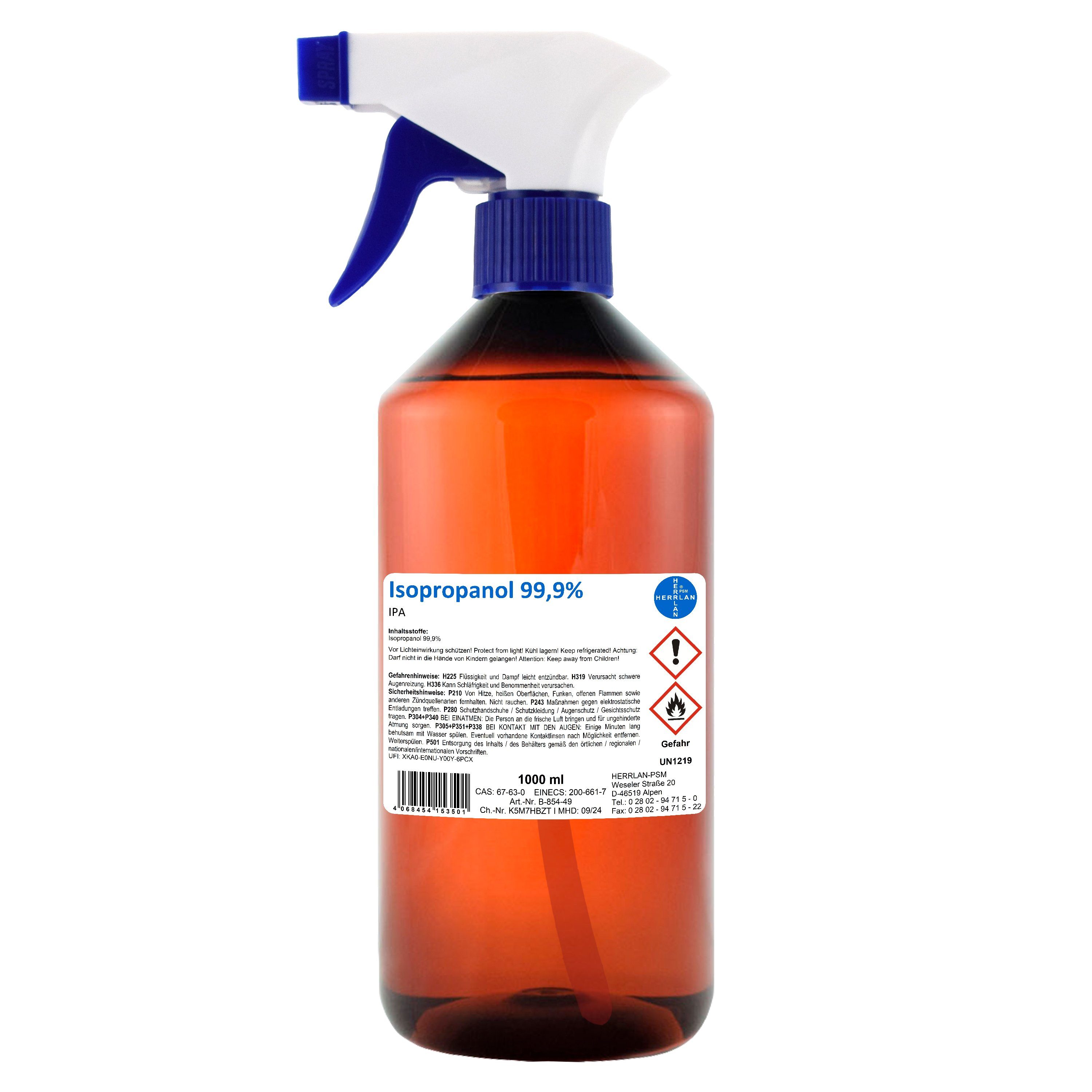 HERRLAN Isopropanol 99,9% Reinigungsalkohol (1000 ml Sprühflasche, [- Fettlöser & Lösungsmittel Qualität Made in Germany)