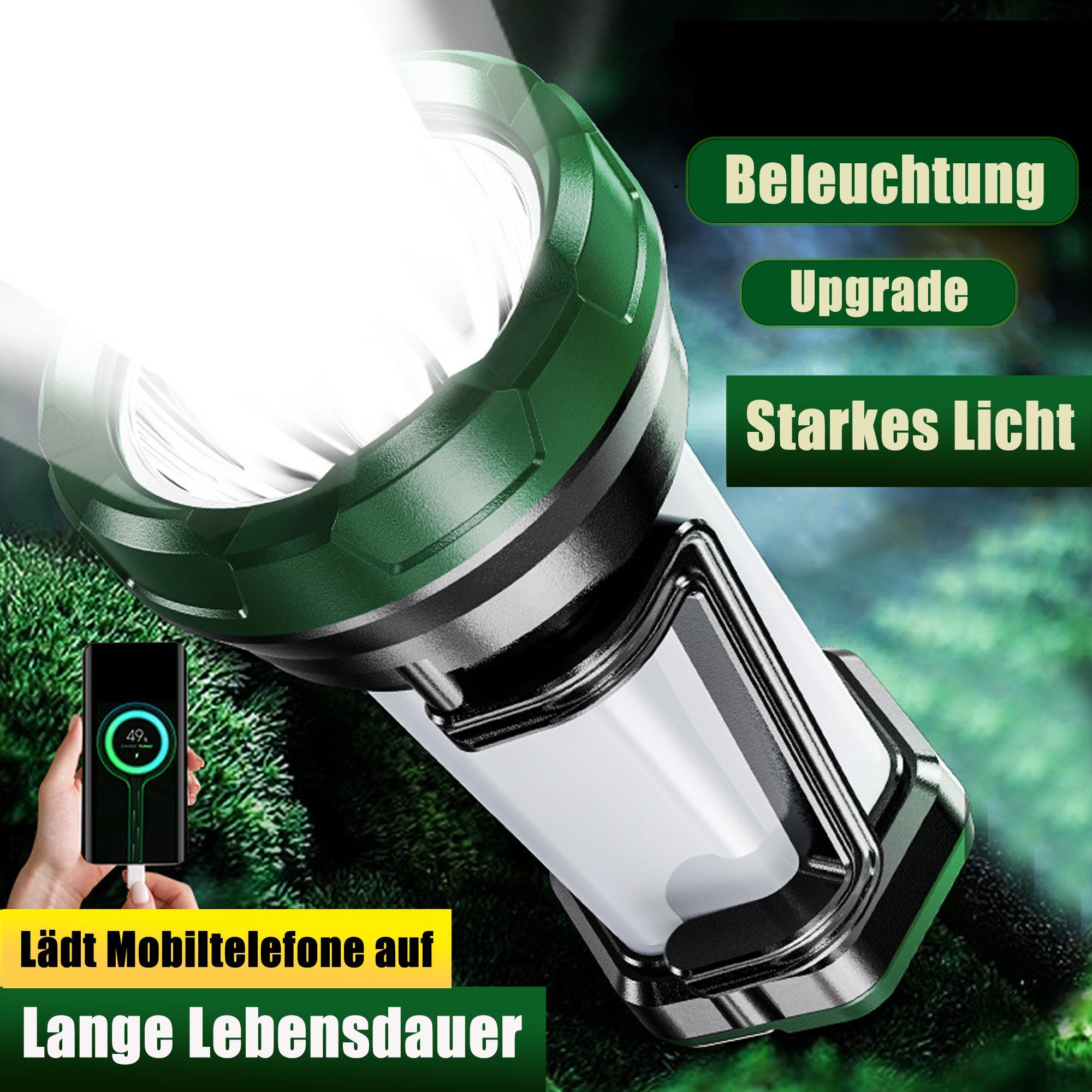KUGI Taschenlampe Tragbare Ultrahelle LED-Taschenlampe Campinglampe 6 Lichtmodi (Handscheinwerfer Camping-Lichter wiederaufladbare Laterne), 3000mAh Power Bank, Elektronische Laterne für den Außenbereich