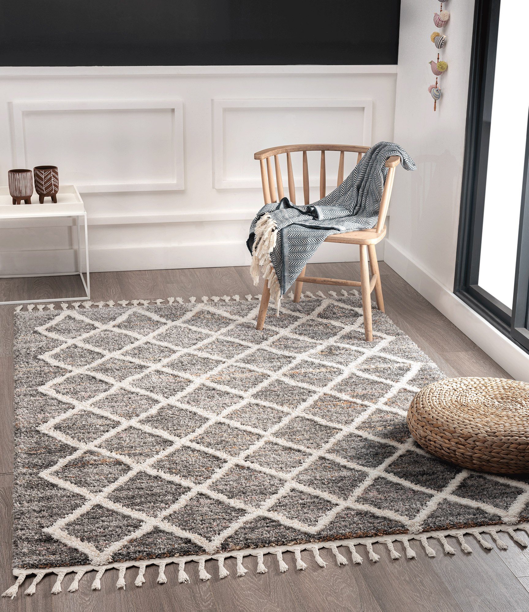 Hochflor-Teppich Vera Handmade-Look, 3D Effekt, Rauten-Muster, Super Weich, the carpet, Rechteck, Höhe: 30 mm, Wohnzimmer, Schlafzimmer, Fransen, Hochwertig