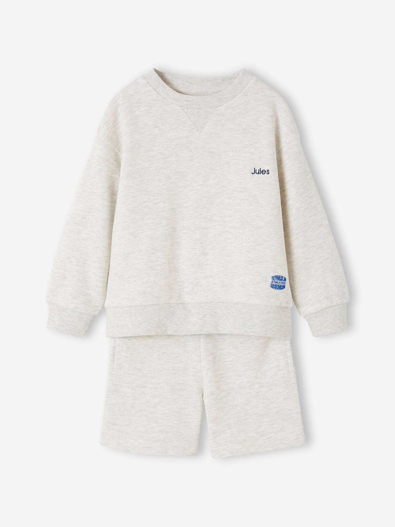 Vertbaudet Jungen Sport-Set: Sweatshirt & Shorts, personalisierbar Oeko-Tex - weiß meliert