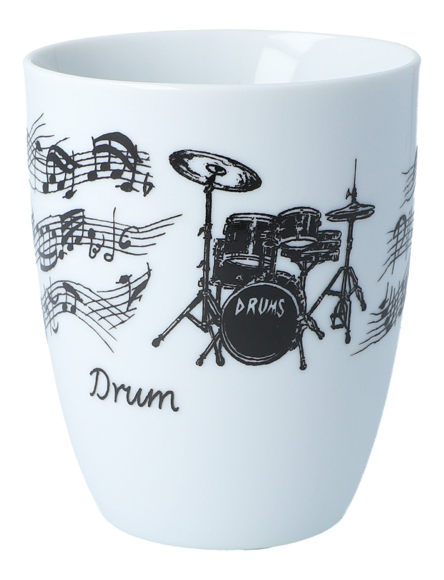 Musikboutique Becher, Porzellan, Henkelbecher aus Porzellan bedruckt mit Schlagzeug-Motiv, Tasse