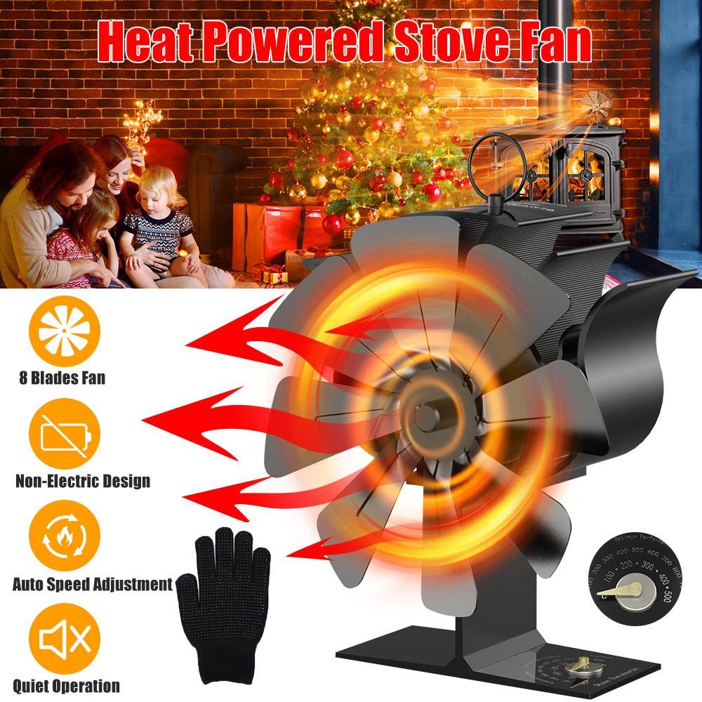 BlingBin Kaminventilator Kaminofen Ventilator 8 Flügel Herd Lüfter für Holzbrenner Gebläse, Mit Thermometer und Handschuhe