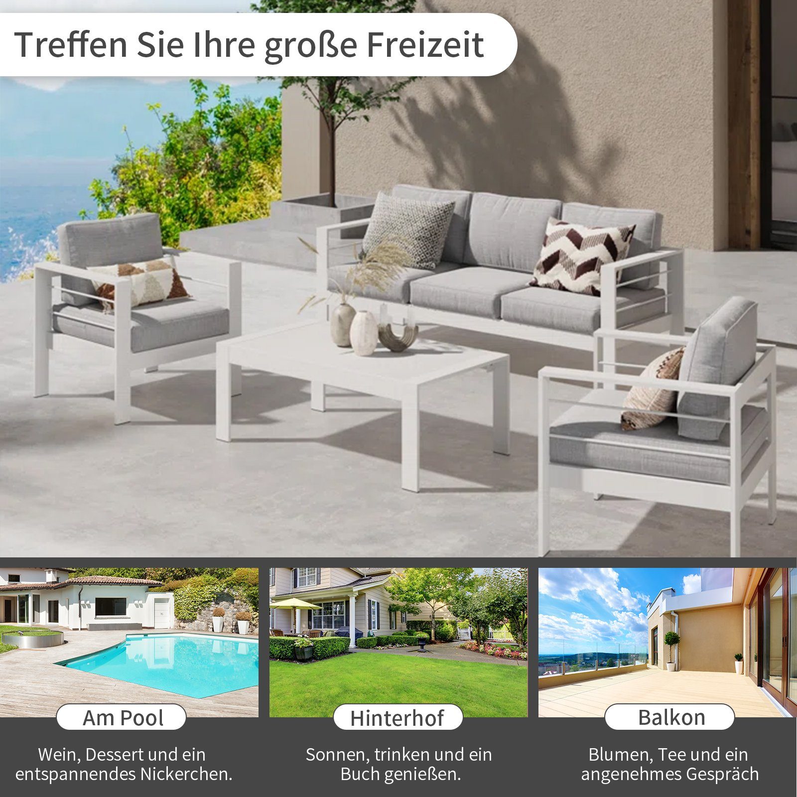MeXo von GLP HOME Gartenlounge-Set Gartenmöbel Lounge Set 4-Teilige Aluminium Wetterfest für 4-5 Personen, (Gartenlounge Set, Balkonmöbel Set Kleiner Balkon, Essgruppe mit Kissen, 3-Sitzer-Sofa, 2 Sessel, 1 Tisch), Gartengarnitur Sitzgruppe für Terra