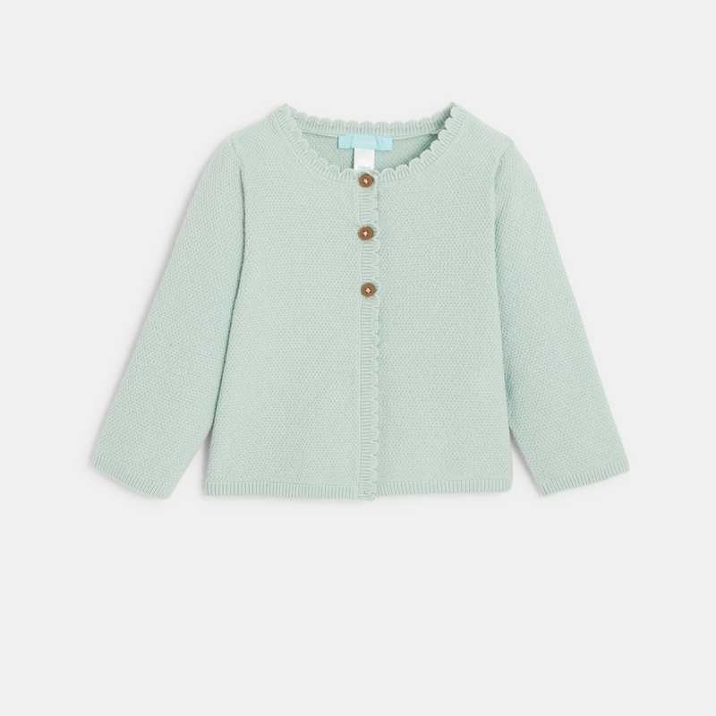 Gilet tricot maille fantaisie bords bourdon vert bébé fille