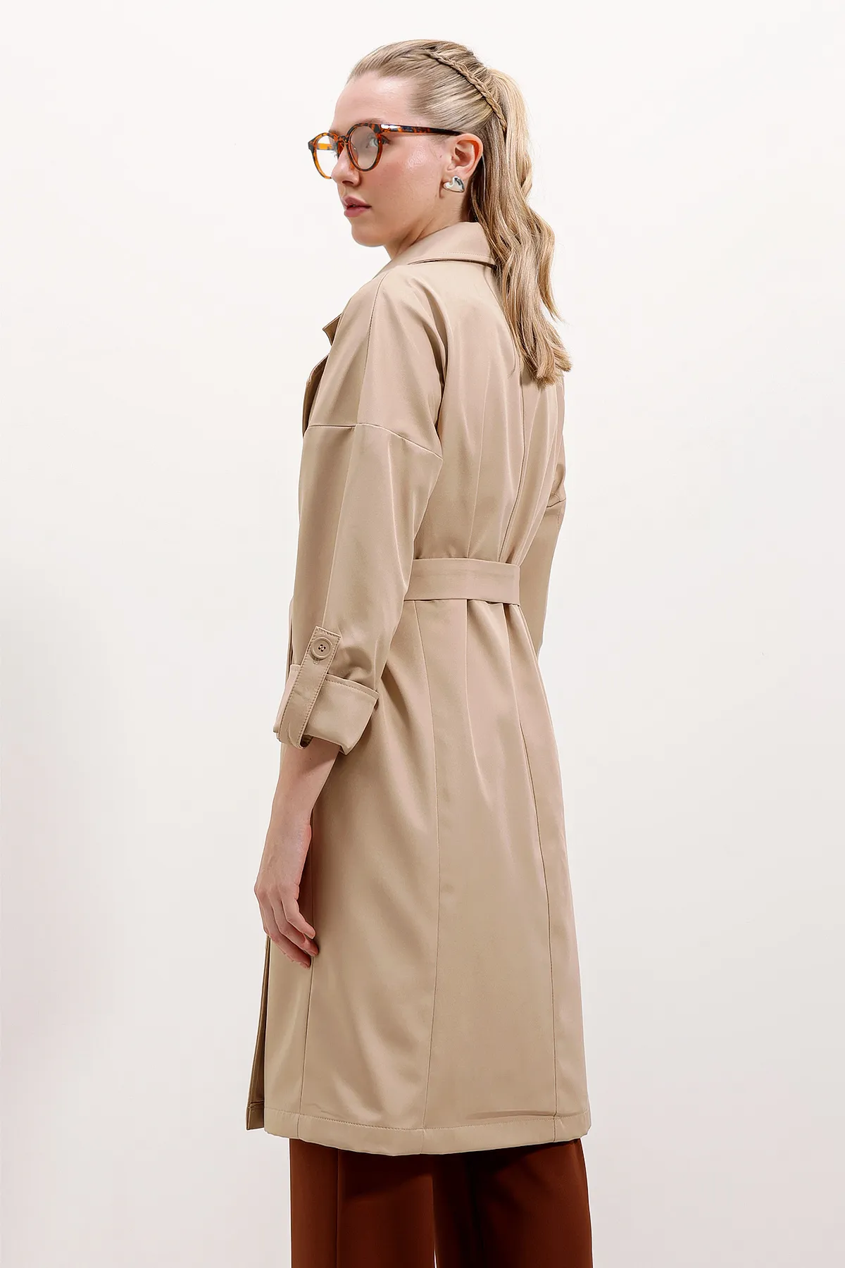 Bigdart  9104 Zweireihiger, mit Kragen gefütterter Trenchcoat – Beige
