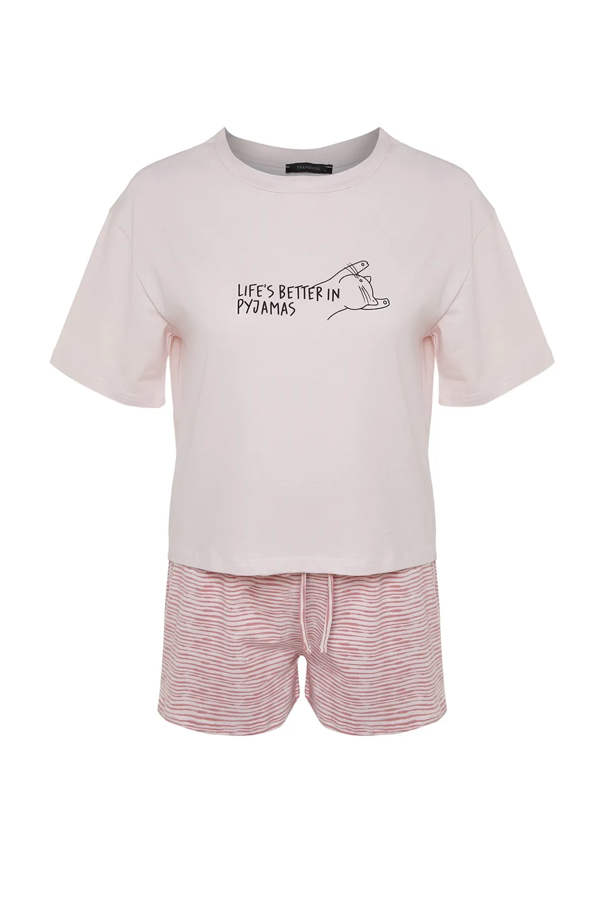 Trendyol Collection  Gestricktes Pyjama-Set mit T-Shirt-Shorts und gestrickten Baumwoll-T-Shirts mit gestreiftem Slogan in Puderfarbe THMSS23PT00228