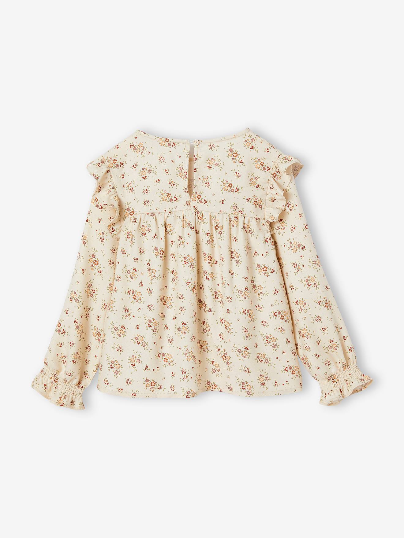Blouse fleurie fille manches volantées bleu grisé