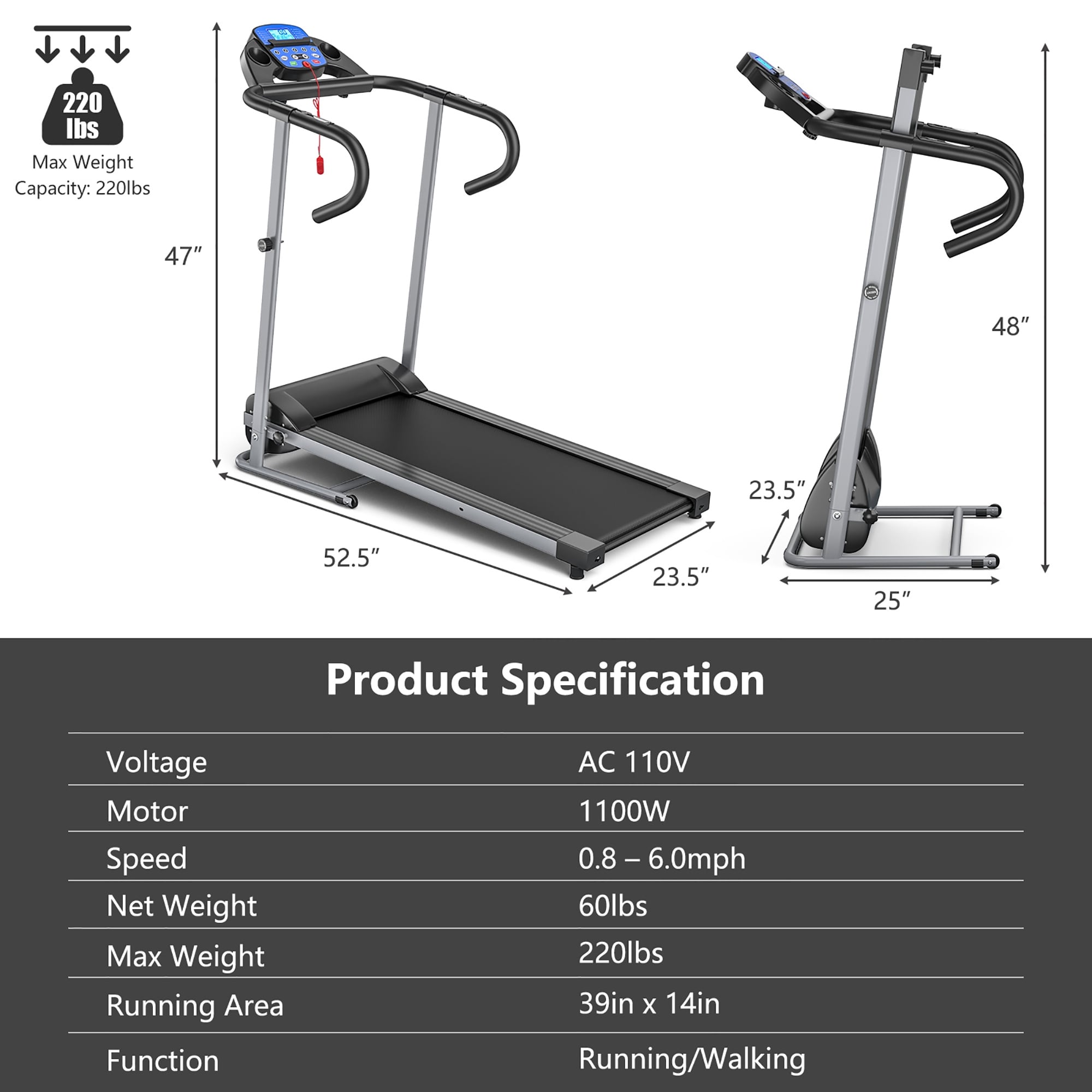 Goplus 1100W Folding Treadmill Electric Support Motorized Power