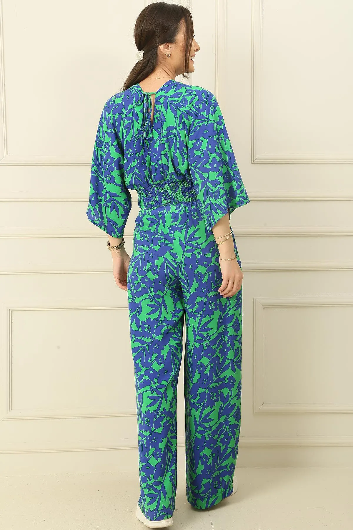 By Saygı  Vorne und hinten V-Ausschnitt, Fledermausärmel, Bluse, elastische Taille, Tasche, Palazzo-Hose, Blumenmuster, 2-teiliges Set