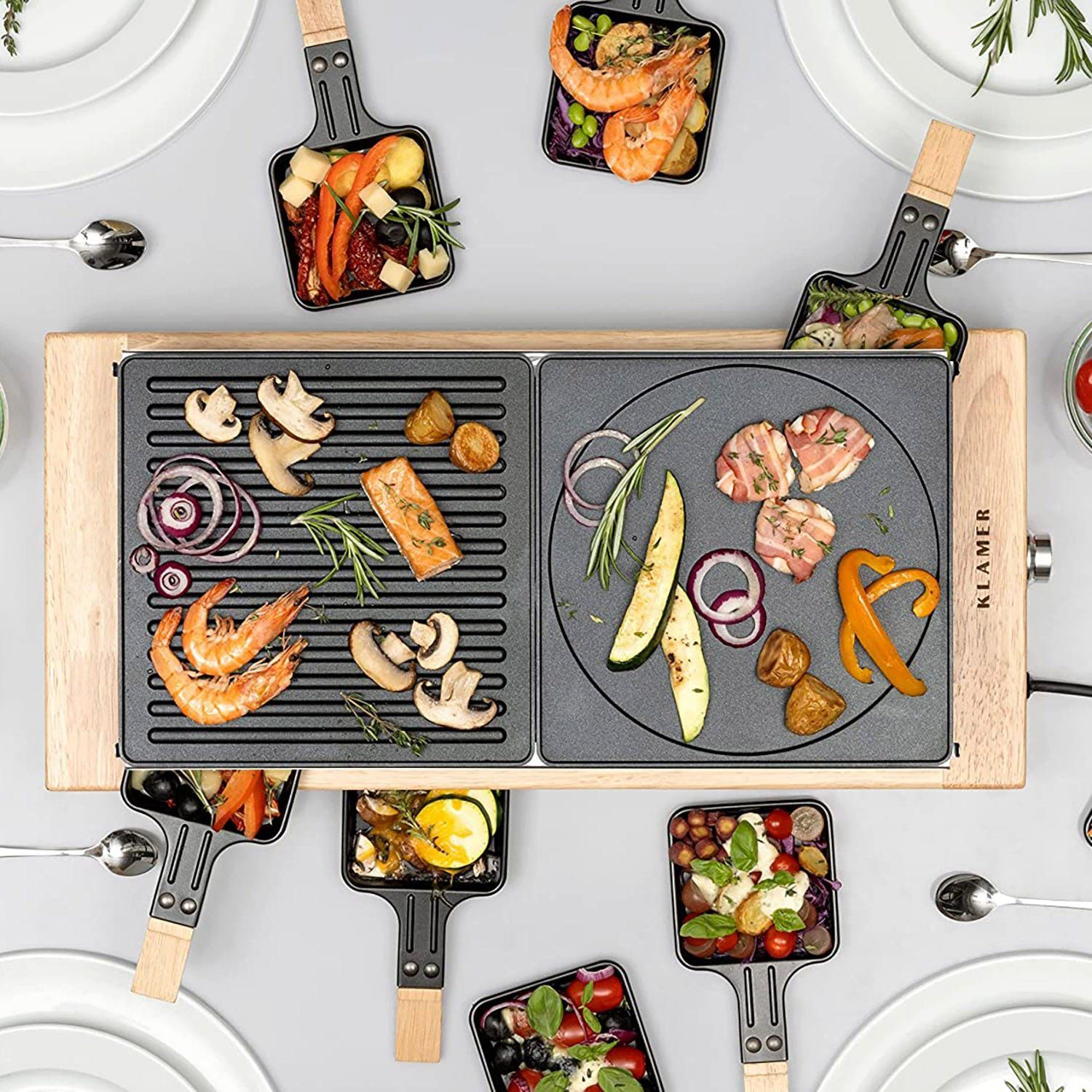 KLAMER Raclette KLAMER Raclette 8 Personen, 1500W Raclette Grill mit Holzgestell, Rac…